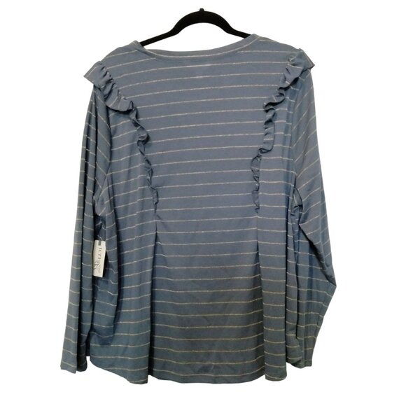 Terra & Sky 3X Long-Sleeve Blue Top With Gold Stripes Ruffle Accents - Picture 7 of 9